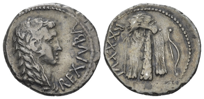 Kings of Mauretania, Juba II, 25-23 Caesarea Denarius AD 11, AR 17.00 mm., 3.09 ...