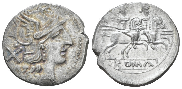 Anonymous. Denarius circa 179-170, AR 20.00 mm., 3.22 g.
Helmeted head of Roma ...