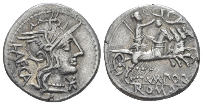 M. Porcius Laeca. Denarius circa 125, AR 18.10 mm., 3.91 g.
Helmeted head of Ro...