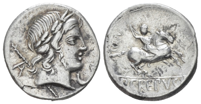 P. Crepusius. Denarius circa 82, AR 16.50 mm., 3.68 g.
Laureate head of Apollo ...