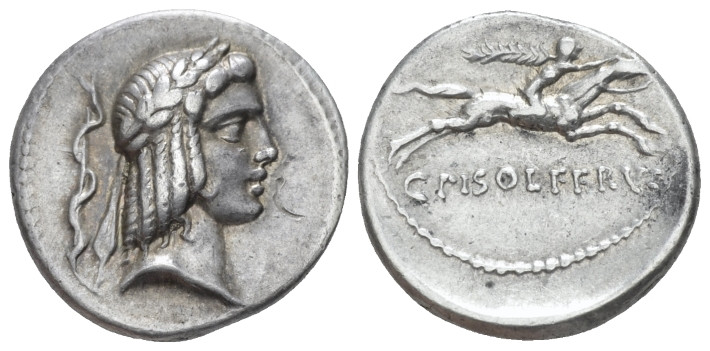 C. Piso L.f. Frugi. Denarius circa 67, AR 18.70 mm., 4.14 g.
Laureate head of A...