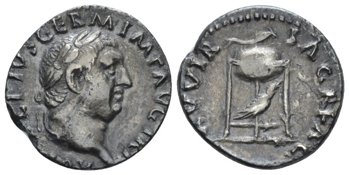 Vitellius, 69 Denarius Rome 69, AR 18.00 mm., 3.31 g.
Laureate head r. Rev. Tri...