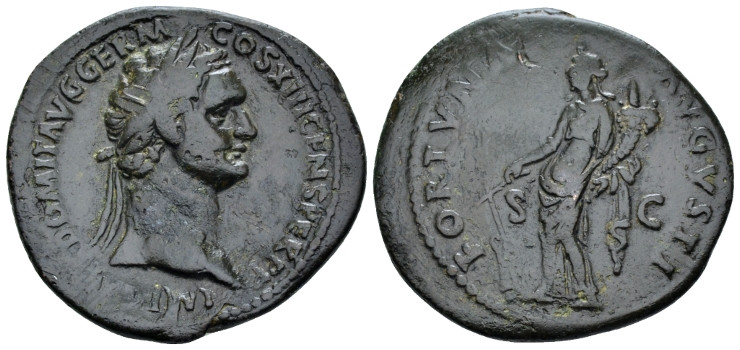 Domitian, 81-96 As Rome 87, Æ 31.00 mm., 10.74 g.
Laureate head r. Rev. Fortuna...