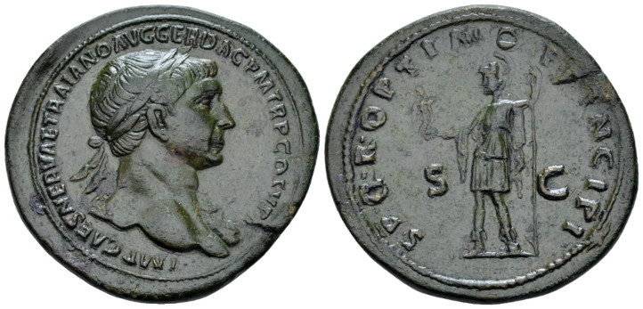 Trajan, 98-117 Sestertius Rome 107-108, Æ 36.00 mm., 27.62 g.
Laureate, draped ...