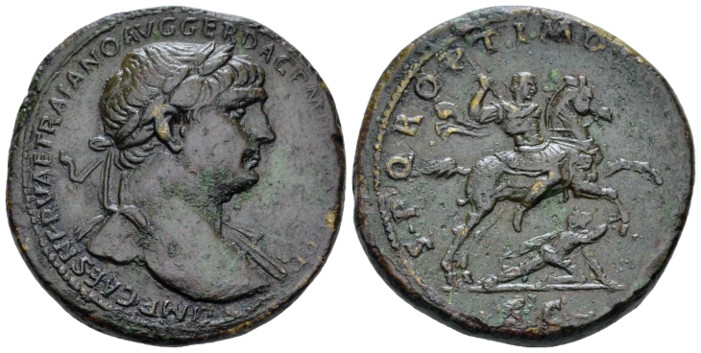 Trajan, 98-117 Sestertius Rome circa 107-110, Æ 32.00 mm., 25.55 g.
Laureate bu...