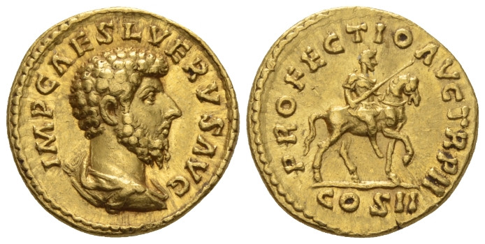 Lucius Verus, 161-169 Aureus circa 162, AV 18.80 mm., 6.77 g.
LIMP L AVREL VERV...