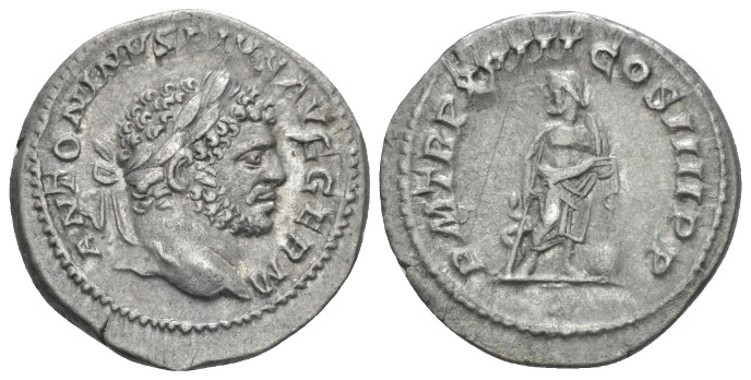 Caracalla, 198-217 Denarius circa 215, AR 21.00 mm., 3.05 g.
Laureate head r. R...