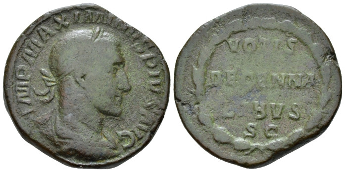 Maximinus I, 235-238 Sestertius circa 235-236, Æ 30.00 mm., 19.47 g.
Laureate, ...