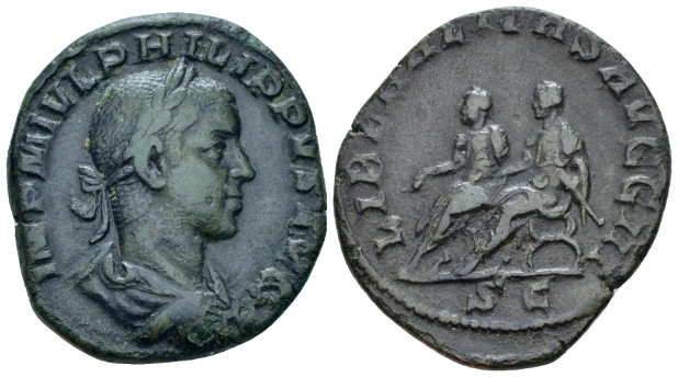 Philip II, 247-249 Sestertius Rome 246-249, Æ 28.00 mm., 11.58 g.
Laureate, dra...