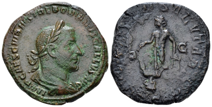 Trebonianus Gallus, 251-253 Sestertius Rome 251-253, Æ 32.00 mm., 20.40 g.
Laur...