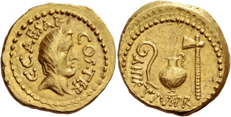 C. Iulius Caesar and A. Hirtius. Aureus 46, AV 7.30 g. C CAESAR – COS TER Veiled...