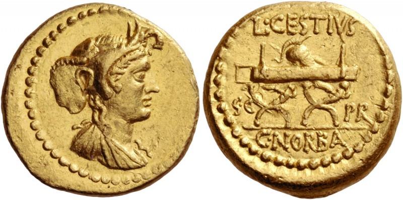L. Cestius and C. Norbanus. Aureus circa 43 BC, AV 8.04 g. Draped bust of Africa...