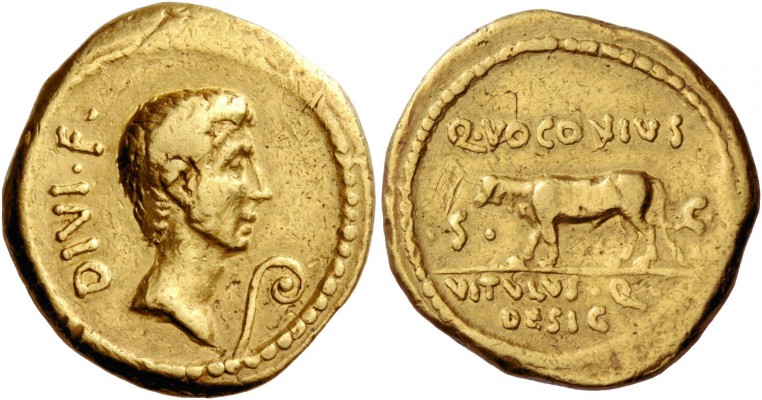 Ti. Voconius Vitulus. Aureus 40 (?) or later, AV 7.99 g. DIVI·F. Head of Octavia...