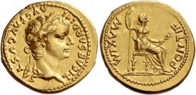 Tiberius, 14 – 37. Aureus, Lugdunum 14-37, AV 7.83 g. TI CAESAR DIVI – AVG F AVGVSTVS Laureate head r. Rev. PONTIF – MAXIM Pax-Livia figure seated r.,...