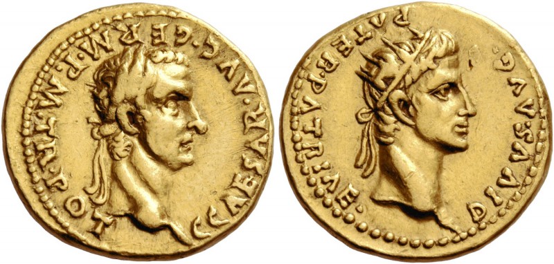 Gaius, 37 – 41. Aureus 37-38, AV 7.69 g. C CAESAR·AVG·GERM·P.M.TR·POT Laureate h...