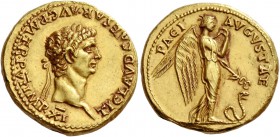 Claudius, 41 – 54. Aureus circa 46-47, AV 7.69 g. TI CLAVD CAESAR AVG P M TR P VI IMP XI Laureate head r. Rev. PACI – AVGVSTAE Pax-Nemesis advancing r...