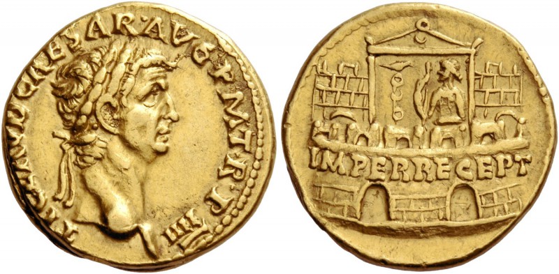 Claudius, 41 – 54. Aureus 45, AV 7.77 g. TI CLAVD CAESAR·AVG P M T·R·P IIII Laur...