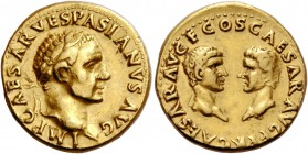 Vespasian, 69 – 79. Aureus, Tarraco (?) 70, AV 7.35 g. IMP CAESAR VESPASIANVS AVG Laureate head r. Rev. CAESAR AVG F COS CAESAR AVG F PR Confronted ba...