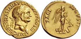 Vespasian, 69 – 79. Aureus, Lugdunum 71, AV 7.22 g. IMP CAES VESPASIAN AVG P M TR P COS III Laureate head r. Rev. PACI – AVGVSTI Pax-Nemensis advancin...