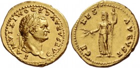 Domitian caesar, 69 – 81. Aureus 77-78, AV 7.49 g. CAESAR AVG F – DOMITIANVS Laureate head r. Rev. CE – RES AVGVST Ceres standing l., holding corn ear...