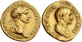 Trajan, 98 – 117. Aureus 112-113, AV 7.34 g. IMP TRAIANO AVG GER DAC P M TR P COS VI P P Laureate and draped bust of Trajan r. Rev. DIVVS PATER – TRAI...