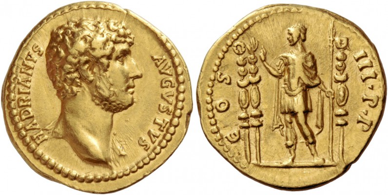 Hadrian, 117 – 134. Aureus 132-134, AV 7.15 g. HADRIANVS – AVGVSTVS Bare youthfu...