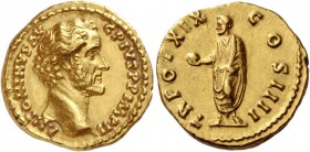 Antoninus Pius augustus, 138 – 161. Aureus 155-156, AV 7.41 g. ANTONINVS AVG – PIVS P P IMP II Bare head r. Rev. TR POT XIX – COS IIII Antoninus stand...