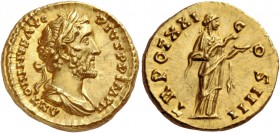 Antoninus Pius augustus, 138 – 161. Aureus 157-158, AV 7.24 g. ANTONINVS AVG – PIVS P P IMP II Laureate and draped bust r. Rev. TR POT XXI – COS IIII ...
