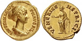 Faustina II, wife of Marcus Aurelius. Aureus circa 145-161, AV 7.13 g. FAVSTINA F AVG – PII AVG FIL Draped bust r. Rev. VENERI GE – NETRICI Venus stan...