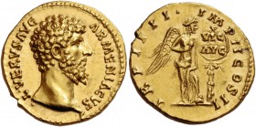 Lucius Verus, 161 - 169. Aureus December 163-164, AV 7.31 g. ·L·VERVS AVG – ARMENIACVS Bare head r. Rev. TR P IIII – IMP II COS II Victory, half-drape...