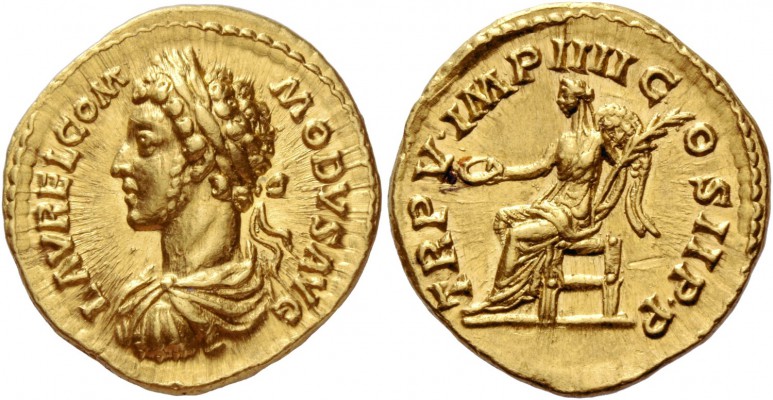 Commodus, 177 – 193. Aureus 180, AV 7.31 g. L AVREL COM – MODVS AVG Laureate, dr...