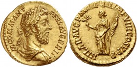 Commodus, 177 – 193. Aureus 186-187, AV 7.29 g. M COMM ANT – P FEL AVG BRIT Laureate and draped bust r. Rev. HILAR AVG P M TR P XII IMP VIII COS V P P...