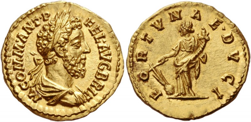 Commodus, 177 – 193. Aureus 189, AV 7.18 g. M COMM ANT P – FEL AVG BRIT Laureate...
