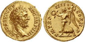 Septimius Severus, 193 – 211. Aureus 196-197, AV 7.40 g. L SEPT SEV PERT – AVG IMP VIII Laureate head r. Rev. P M TR P – IIII – COS II – P P Victory a...