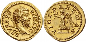 Septimius Severus, 193 – 211. Aureus 202-210, AV 6.95 g. SEVERVS – PIVS AVG Laureate head r. Rev. VICT – PART – MAX Victory advancing l., holding wrea...