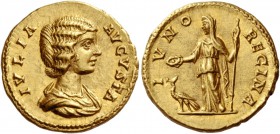 Julia Domna, wife of Septimius Severus. Aureus 196-211, AV 7.31 g. IVLIA – AVGVSTA Draped bust r. Rev. IVNO – REGINA Juno, veiled, standing l., holdin...