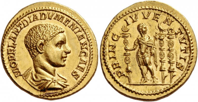 Diadumenian caesar, 217 – 218. Aureus late 217, AV 7.36 g. M OPEL ANT DIADVMENIA...