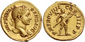 Severus Alexander, 222 – 235. Aureus 230, AV 6.19 g. IMP SEV ALE – XAND AVG Laureate bust r., with drapery on l. shoulder. Rev. P M TR P VIIII – CO – ...
