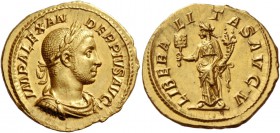 Severus Alexander, 222 – 235. Aureus 231-235, AV 6.97 g. IMP ALEXAN – DER PIVS AVG Laureate, draped and cuirassed bust r. Rev. LIBERA – LI – TAS AVG V...