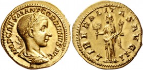 Gordian III, 238 – 244. Aureus circa 240, AV 5.07 g. IMP CAES M ANT GORDIANVS AVG Laureate, draped and cuirassed bust r. Rev. LIBERALITAS AVG Liberali...