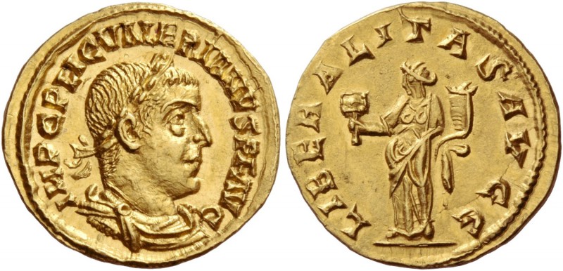 Valerian I, 253 – 260. Aureus 255-256, AV 2.60 g. IMP C P LIC VALERIANVS P F AVG...