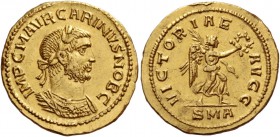 Carinus caesar, 282 – 283. Aureus, Antiochia 283, AV 4.59 g. IMP C M AVR CARINVS NOB C Laureate and cuirassed bust r., wearing consular mantel. Rev. V...