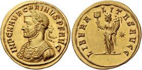 Carinus augustus, 283-285. Aureus, Siscia 284, AV 5.64 g. IMP C M AVR CARINVS P F AVG Laureate and cuirassed bust l. Rev. LIBERA – LITAS AVG Liberalit...