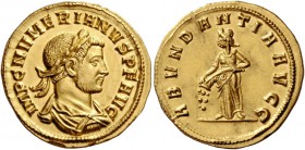 Numerianus augustus, 283 – 284. Aureus, Siscia 283-284, AV 4.57 g. IMP C NVMERIANVS P F AVG Laureate, draped and cuirassed bust r. Rev. ABVNDANTIA AVG...