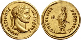 Diocletian, 284 – 305. Aureus, Cyzicus 290, AV 5.40 g. DIOCLETIANVS – AVGVSTVS Laureate head r. Rev. CONSVL IIII – P P PRO COS Emperor togate, standin...