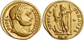 Diocletian, 284 – 305. Aureus, Alexandria 294-296, AV 5.50 g. DIOCL – ETIANVS AVG Laureate head r. Rev. IOVI CO – N – SER AVSS Jupiter standing l., ho...