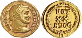 Diocletian, 284 – 305. Aureus, Aquileia 294-303, AV 5.49 g. DIOCLETI – ANVS P F AVG Laureate head r. Rev. VOT / XX / AVGG within wreath closed at base...