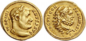 Maximianus Herculius, 286 – 308. Aureus, Treveri 295-305, AV 4.93 g. MAXIMI – ANVS P AVG Laureate head r. Rev. HERCVLI CON – SERVATORI Head of Hercule...