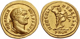 Maximianus Herculius, 286 – 308. Aureus circa 294, AV 5.24 g. MAXIMIA – NVS P F AVG Laureate head r. Rev. HERCVLI – DEBELLAT Hercules standing r., fig...
