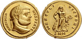Maximianus Herculius, 286 – 308. Aureus, Nicomedia circa 294, AV 5.36 g. MAXIMIA – NVS P F AVG Laureate head r. Rev. HERCVLI – VICTORI Hercules standi...